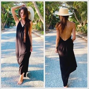 JOSA Tulum Low V Halter Maxi Dress in Black sz S/M